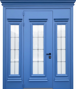 Входная группа с терморазрывом, остеклением, металлобагетом, карнизом (синее полимерное покрытие)